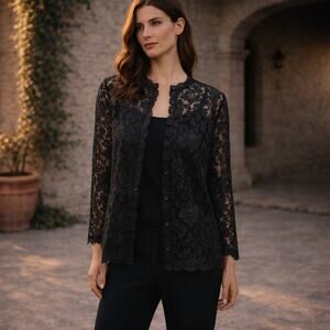 Talbots Black Lace Jacket Cardigan Button Front Scallop Trim Women 14W Evening